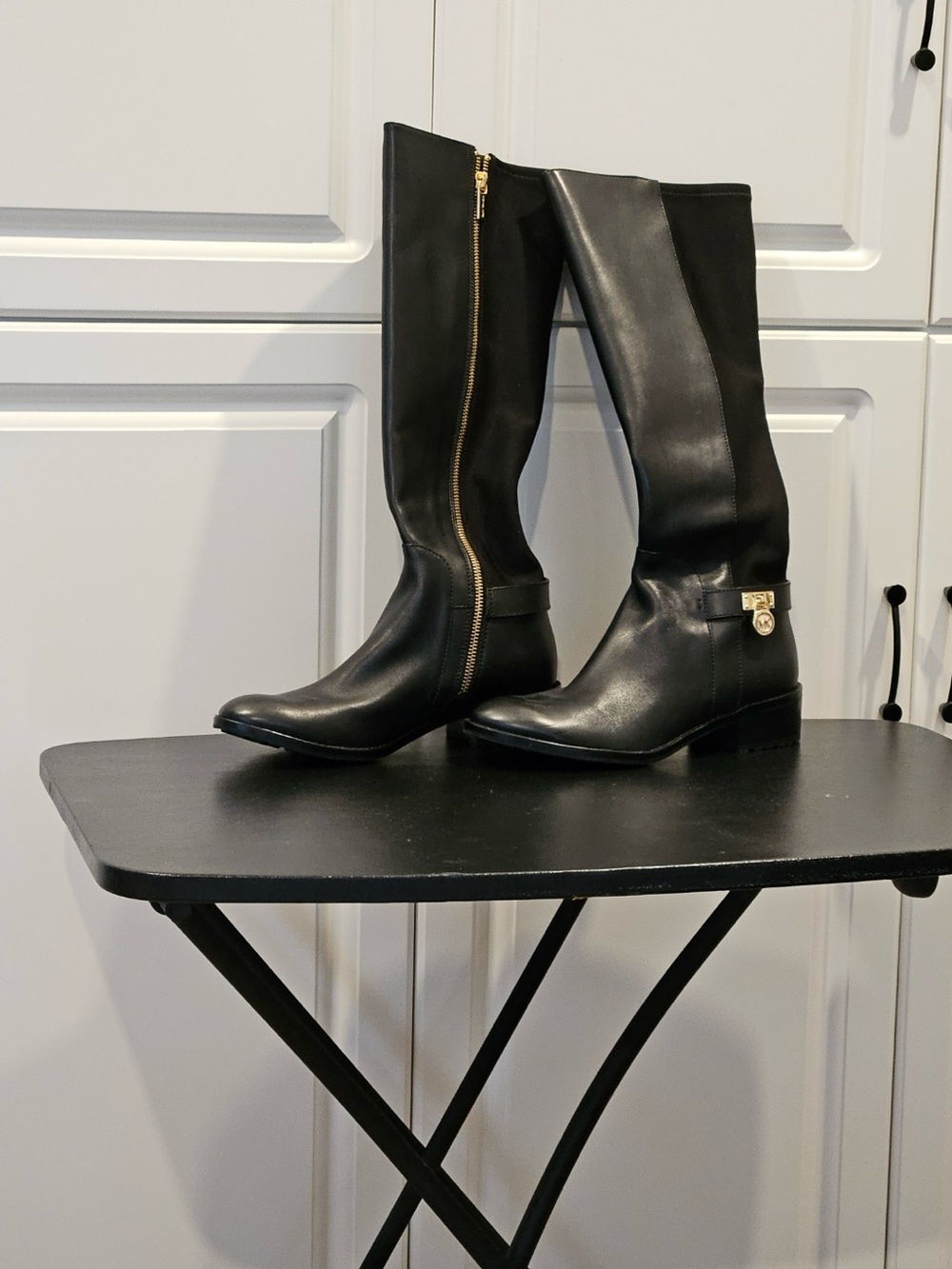 Michael Kors Black Knee-High Riding Boots with Gold Hardware